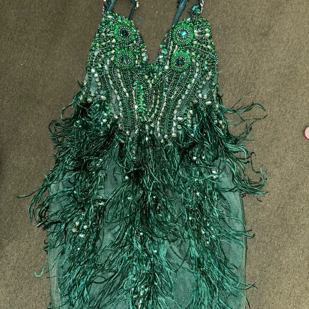Green Beaded and Feathered Dress
